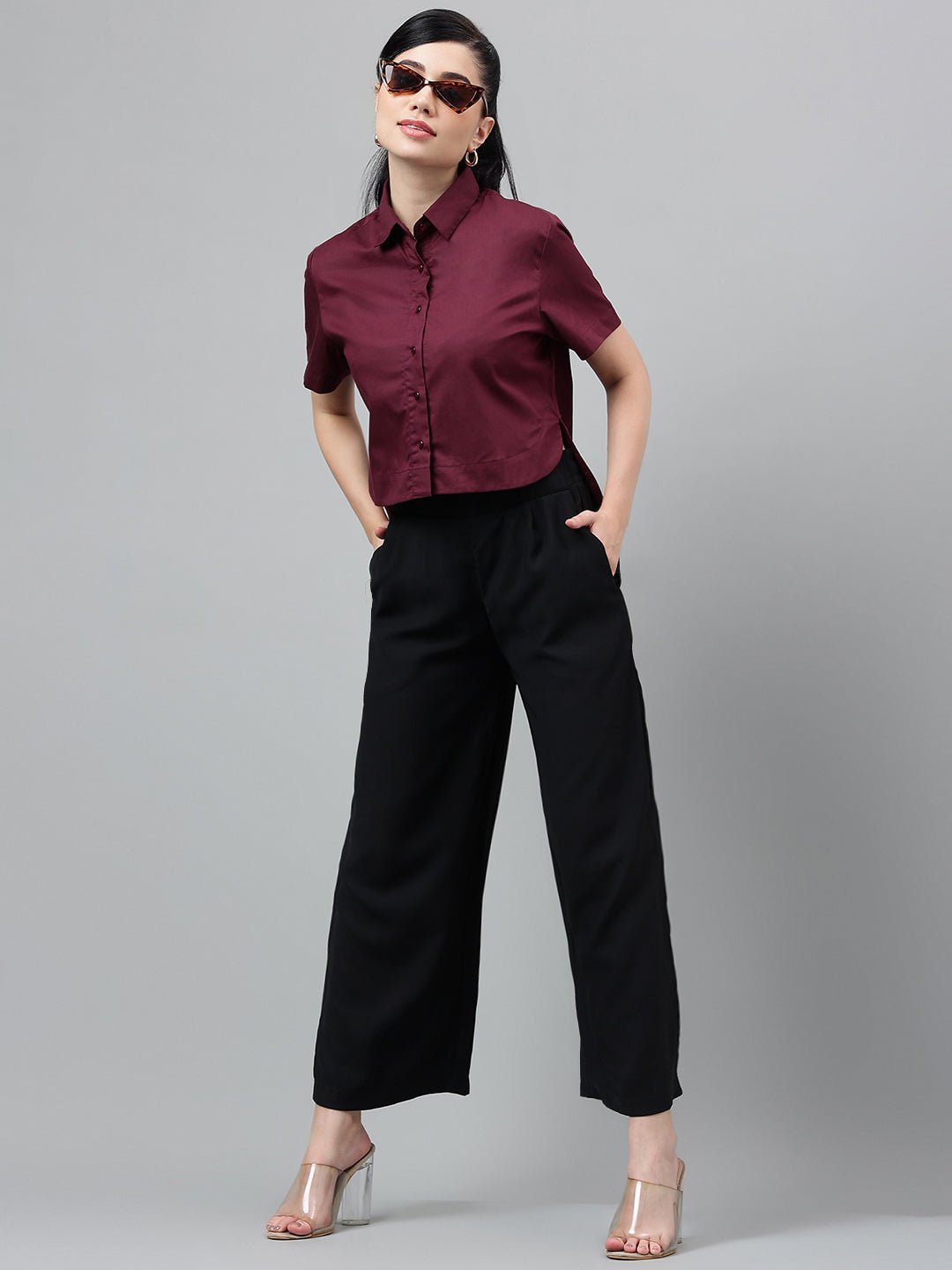Women Burgundy Solid Pure Cotton Regular Fit Formal Crop Shirt - #folk republic#