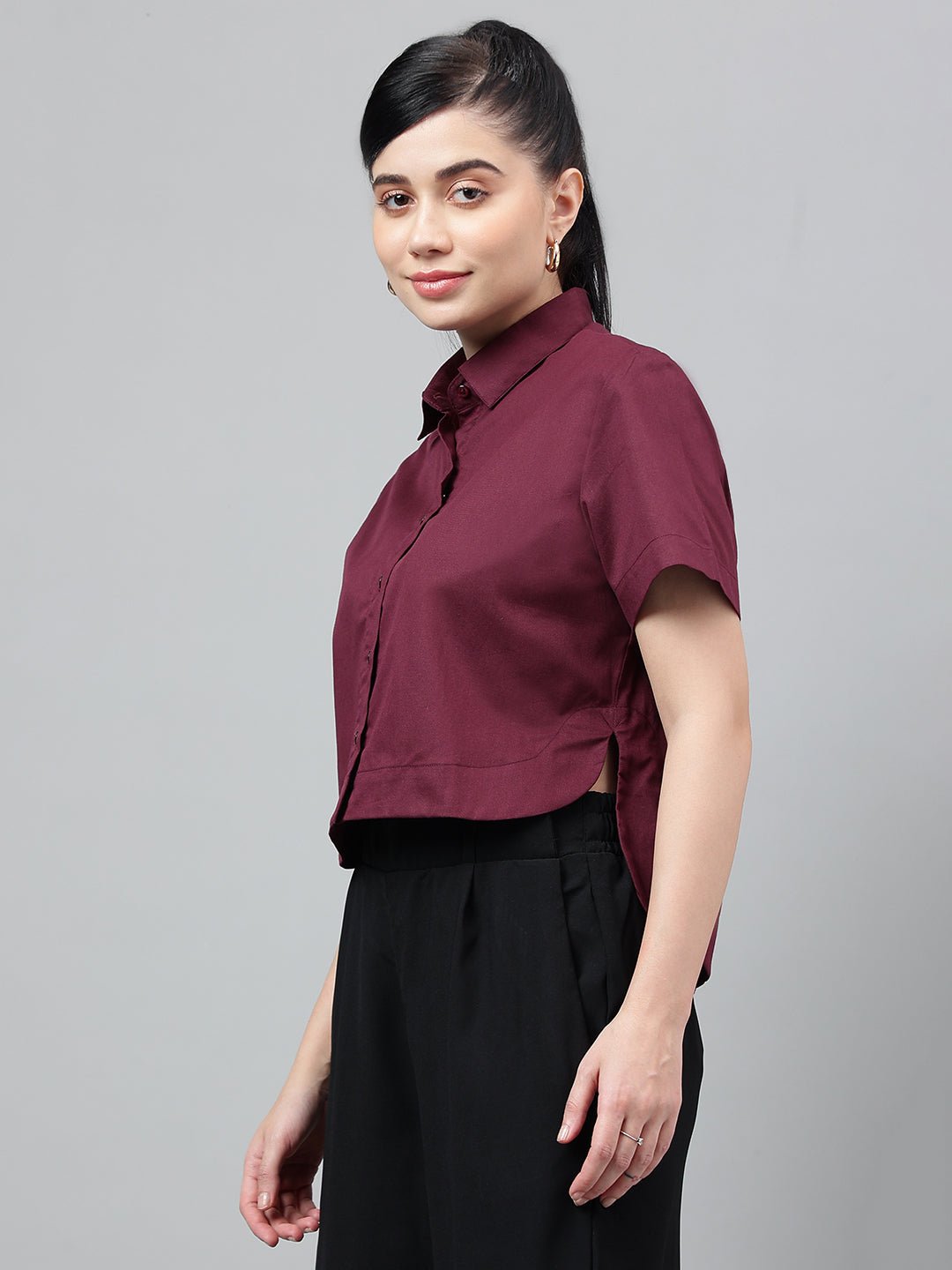 Women Burgundy Solid Pure Cotton Regular Fit Formal Crop Shirt - #folk republic#
