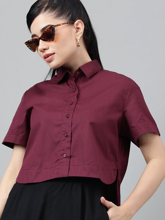 Women Burgundy Solid Pure Cotton Regular Fit Formal Crop Shirt - #folk republic#