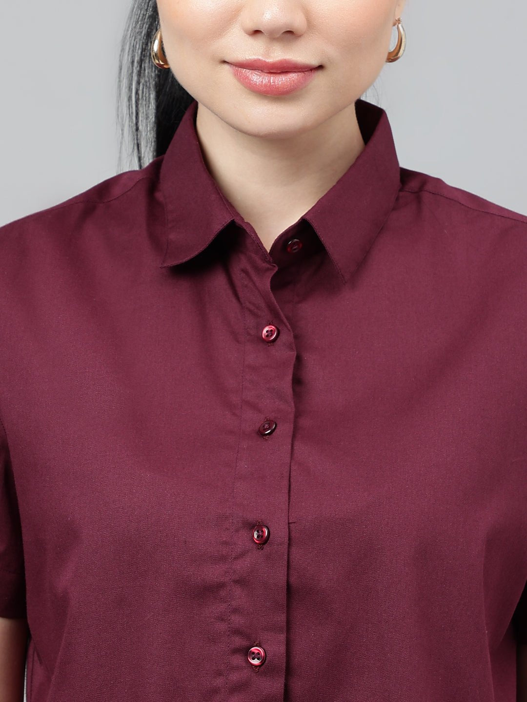 Women Burgundy Solid Pure Cotton Regular Fit Formal Crop Shirt - #folk republic#