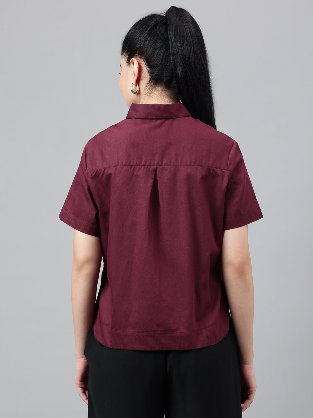 Women Burgundy Solid Pure Cotton Regular Fit Formal Crop Shirt - #folk republic#