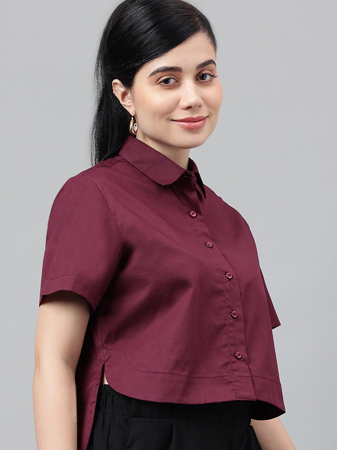 Women Burgundy Solid Pure Cotton Regular Fit Formal Crop Shirt - #folk republic#