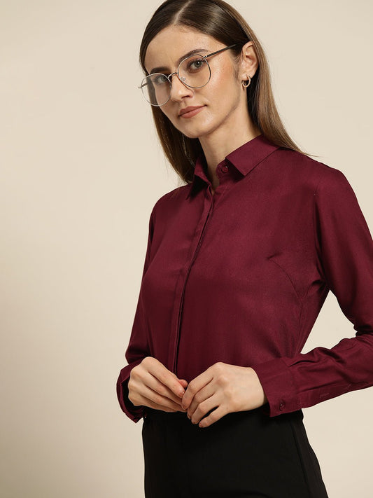 Women Burgundy Solid Viscose Rayon Regular Fit Formal Shirt - #folk republic#