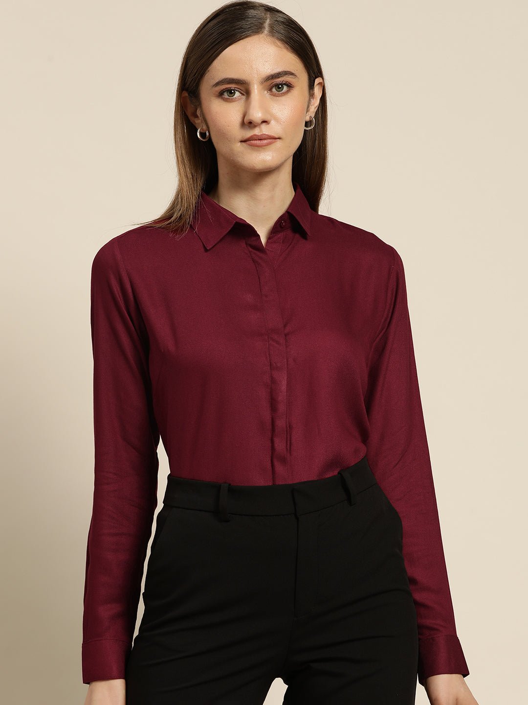 Women Burgundy Solid Viscose Rayon Regular Fit Formal Shirt - #folk republic#