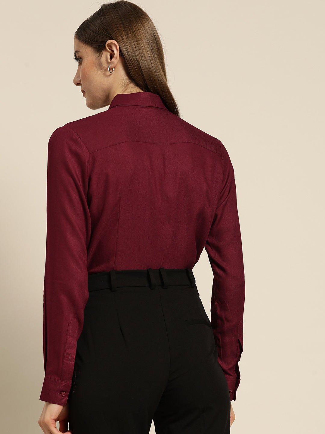 Women Burgundy Solid Viscose Rayon Regular Fit Formal Shirt - #folk republic#