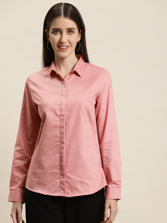 Women Coral Solid Chambray Cotton Rich Slim Fit Formal Shirt - #folk republic#