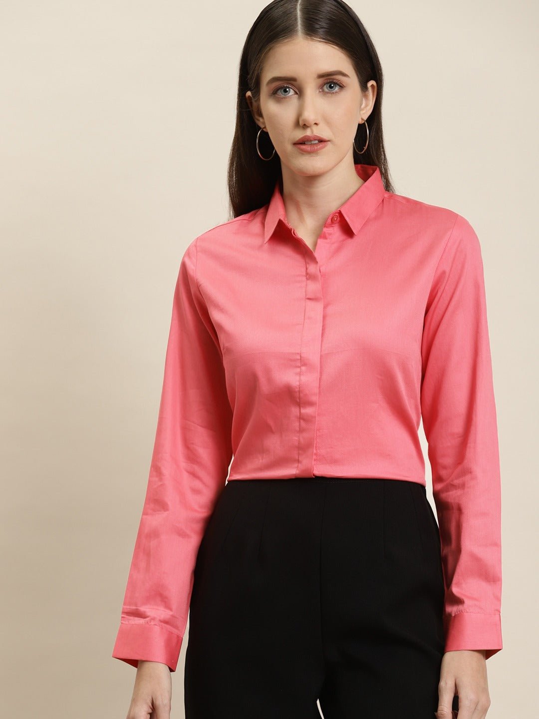 Women Coral Solid Pure Cotton Satin Slim Fit Formal Shirt - #folk republic#