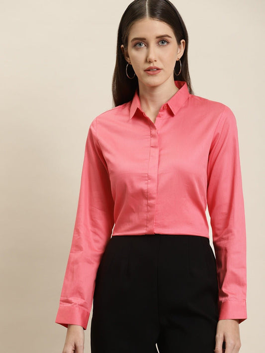 Women Coral Solid Pure Cotton Satin Slim Fit Formal Shirt - #folk republic#