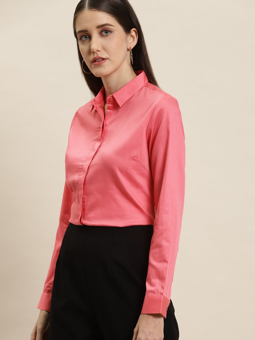Women Coral Solid Pure Cotton Satin Slim Fit Formal Shirt - #folk republic#