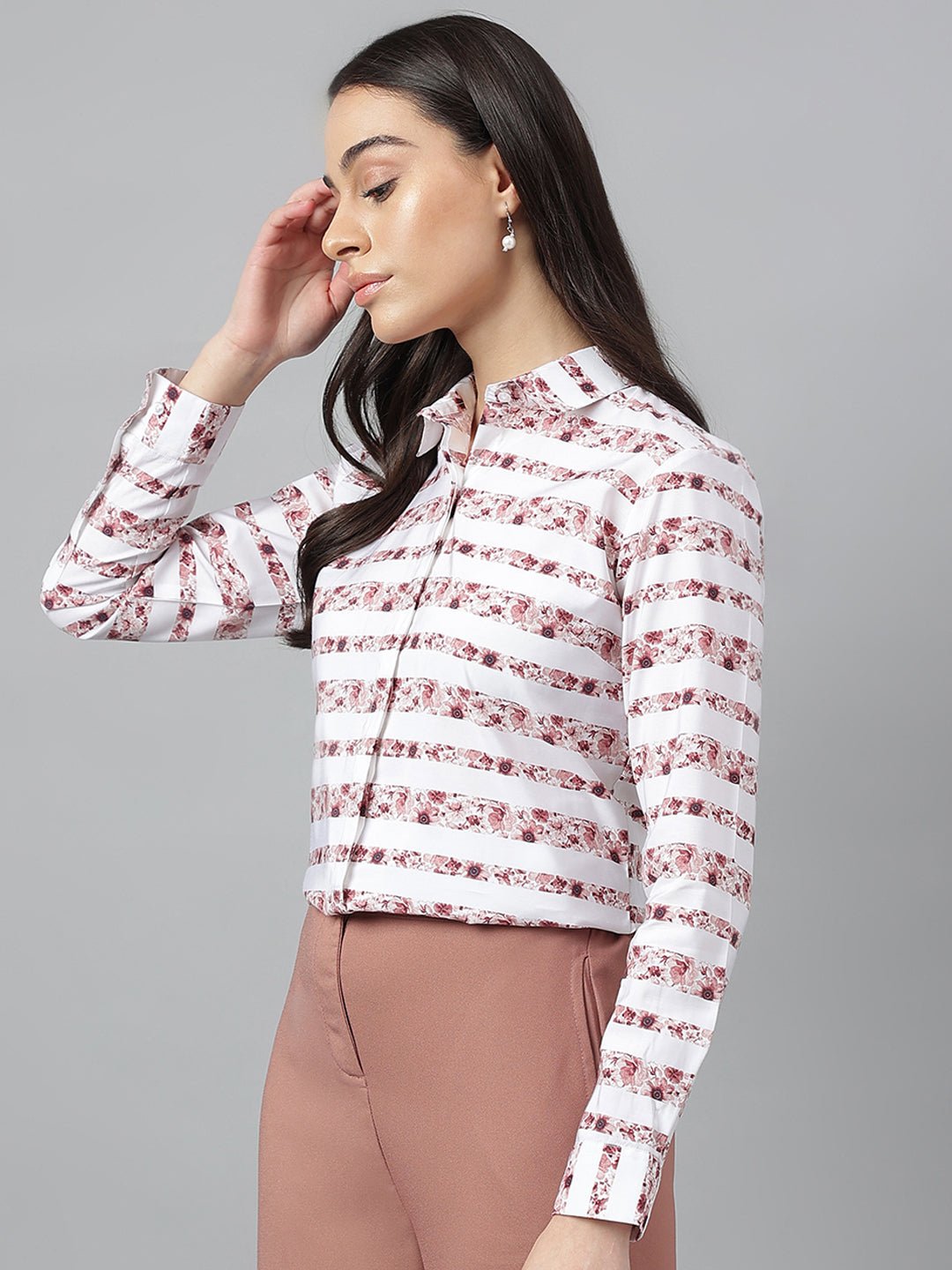 Women Coral & White Prints Pure Cotton Regular Fit Formal Shirt - #folk republic#