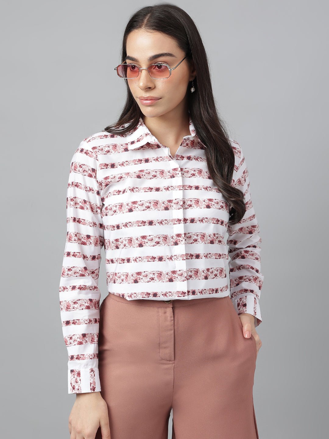 Women Coral & White Prints Pure Cotton Regular Fit Formal Shirt - #folk republic#