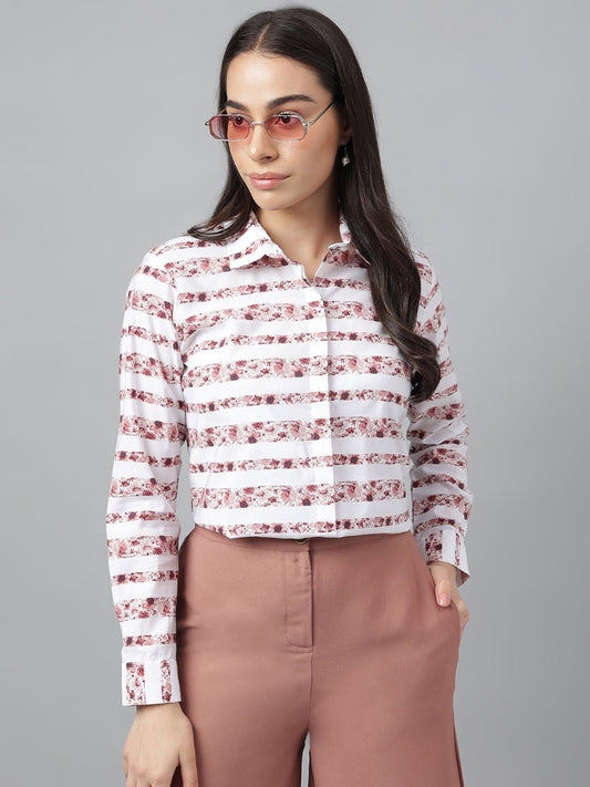 Women Coral & White Prints Pure Cotton Regular Fit Formal Shirt - #folk republic#