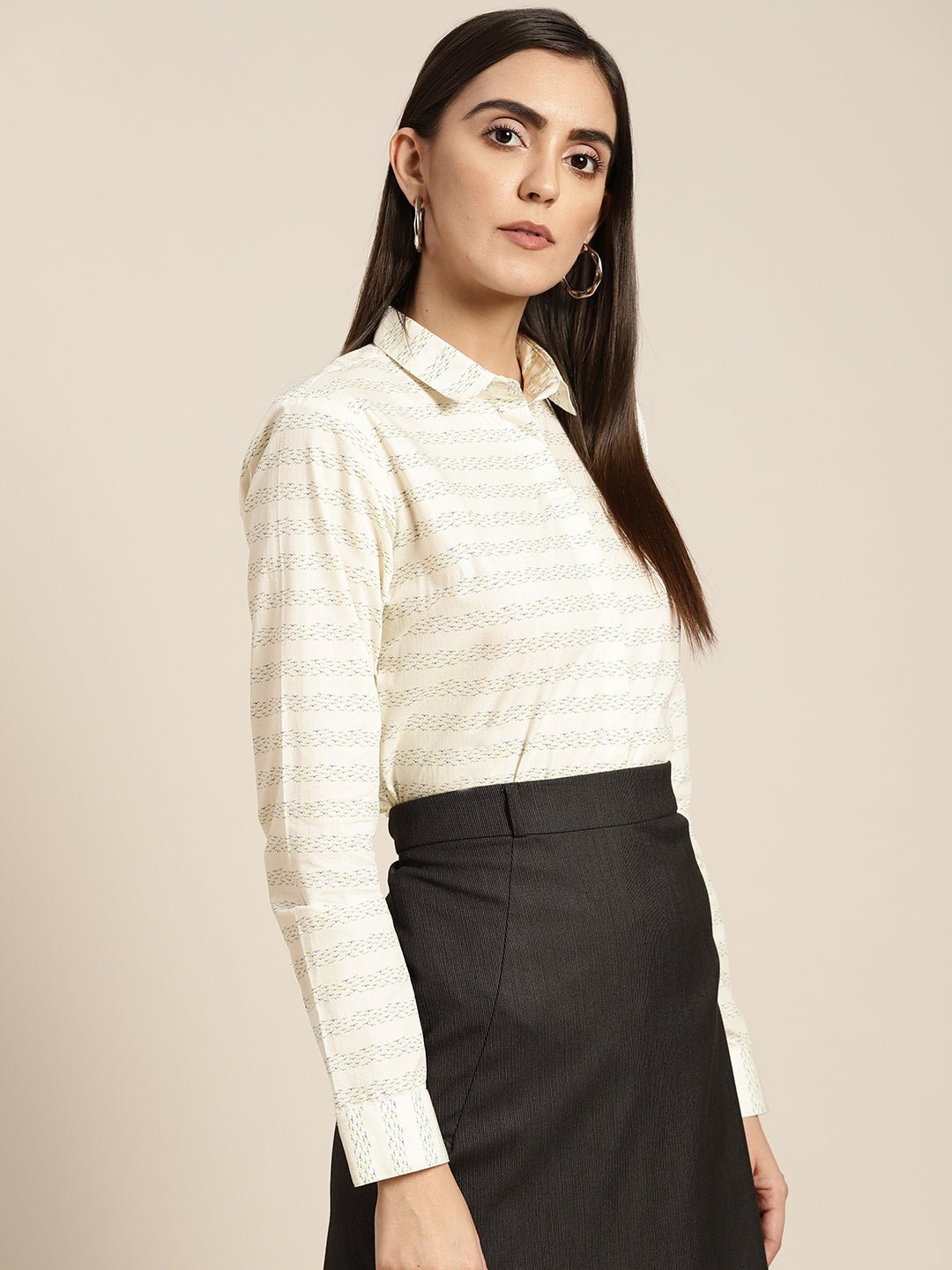 Women Cream Prints Pure Cotton Slim Fit Formal Shirt - #folk republic#