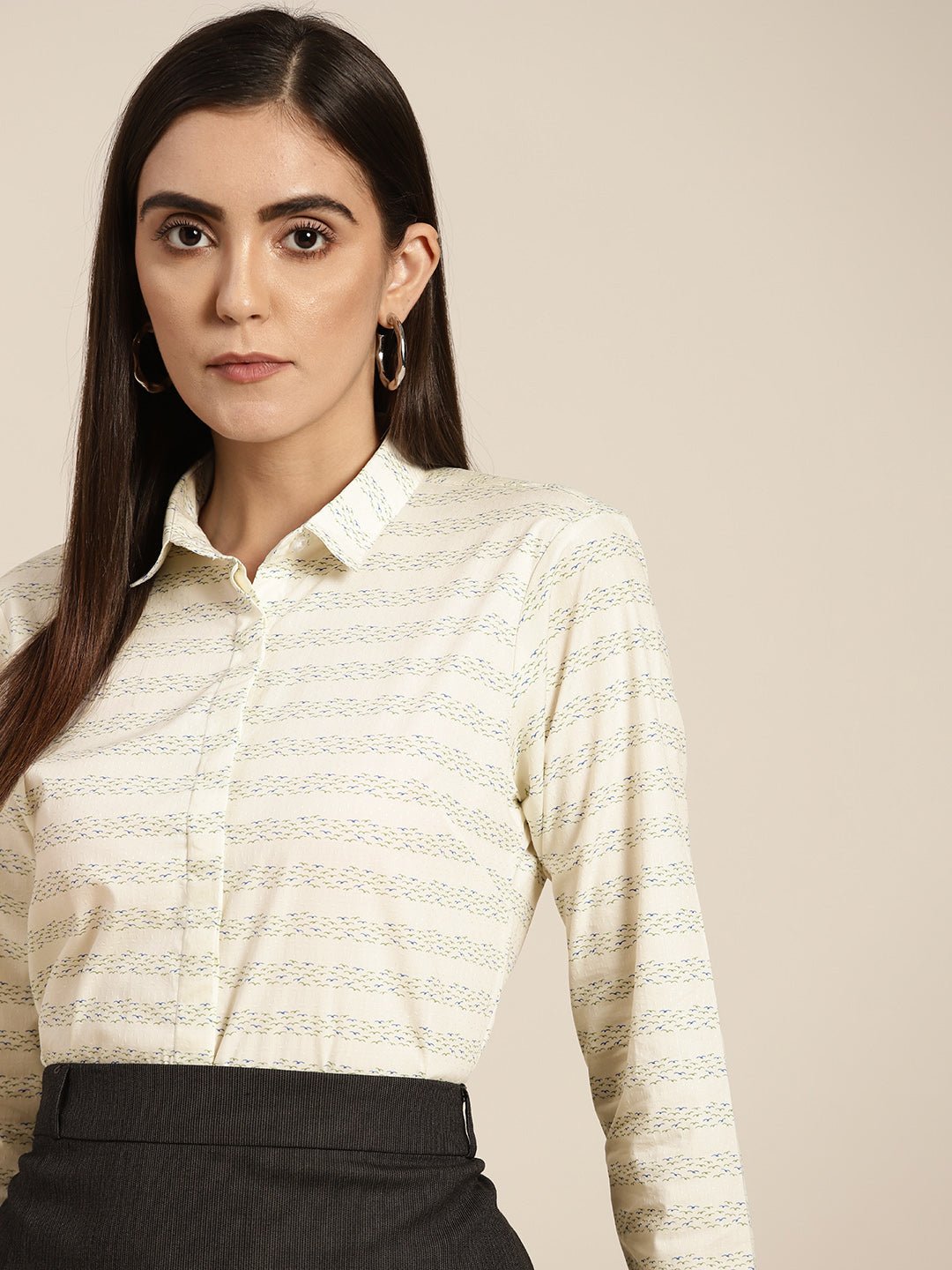 Women Cream Prints Pure Cotton Slim Fit Formal Shirt - #folk republic#