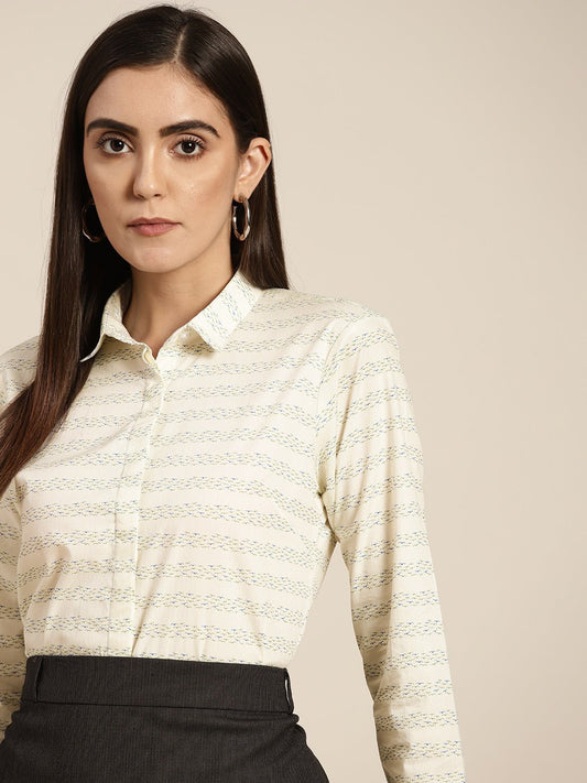 Women Cream Prints Pure Cotton Slim Fit Formal Shirt - #folk republic#