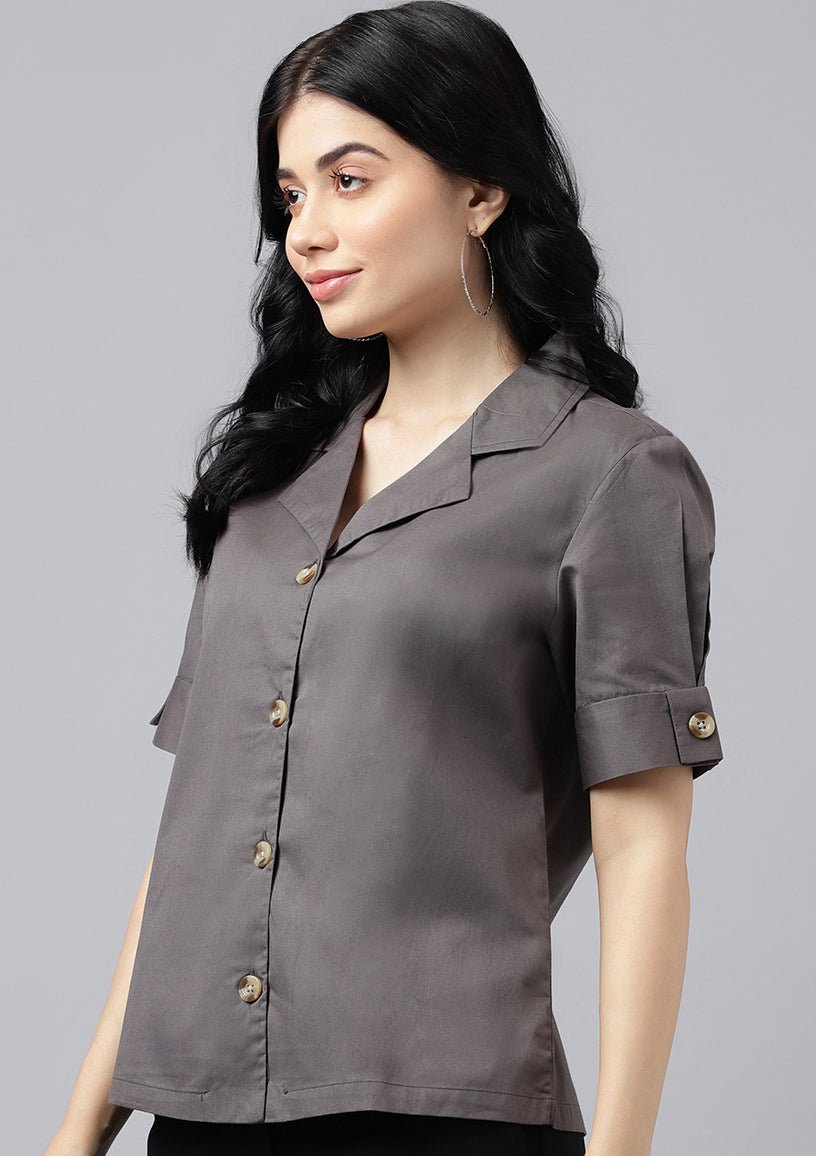 Women Dark Grey Solid Pure Cotton Lapel Collar Regular Fit Formal Shirt - #folk republic#