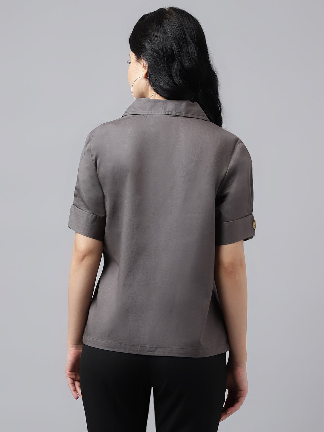 Women Dark Grey Solid Pure Cotton Lapel Collar Regular Fit Formal Shirt - #folk republic#