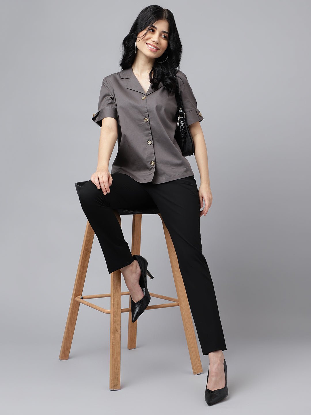 Women Dark Grey Solid Pure Cotton Lapel Collar Regular Fit Formal Shirt - #folk republic#