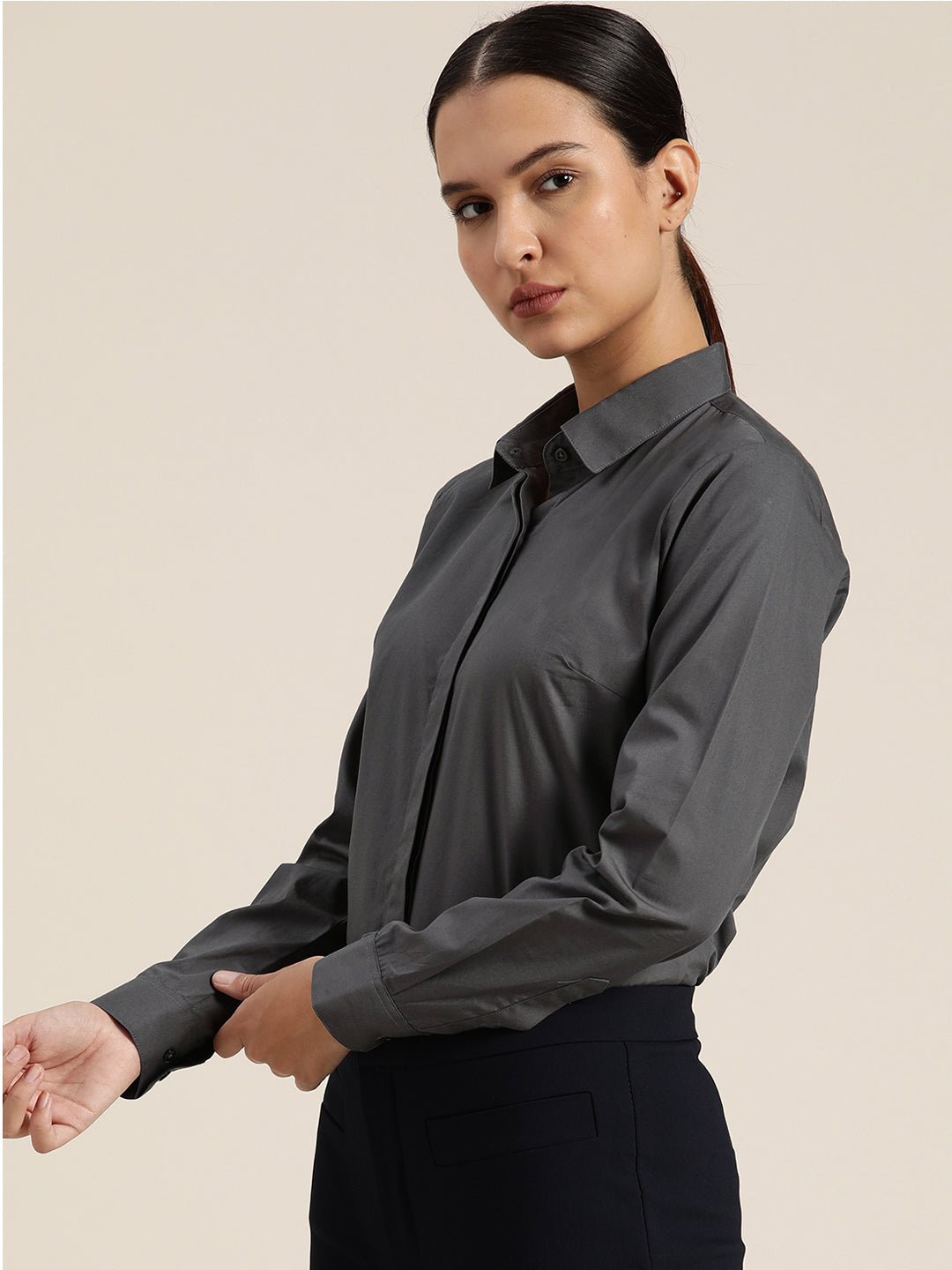 Women Dark Grey Solid Pure Cotton Regular Fit Formal Shirt - #folk republic#