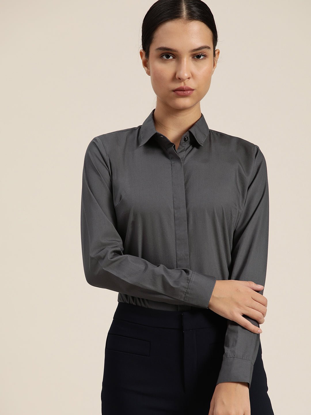 Women Dark Grey Solid Pure Cotton Regular Fit Formal Shirt - #folk republic#