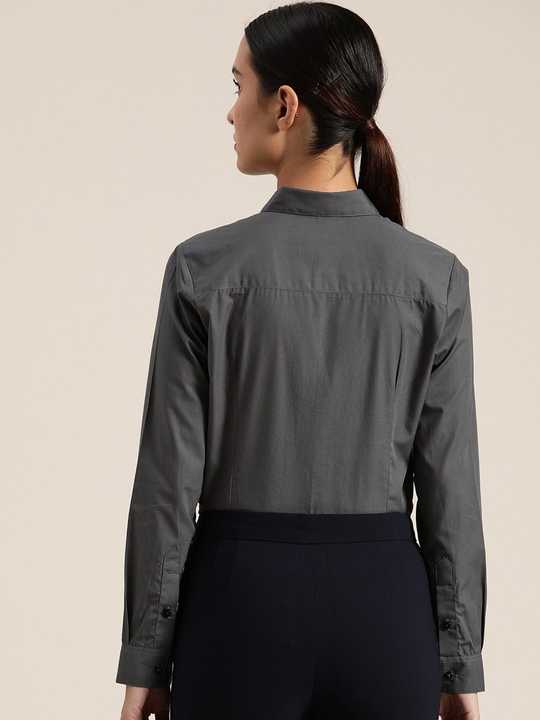 Women Dark Grey Solid Pure Cotton Regular Fit Formal Shirt - #folk republic#