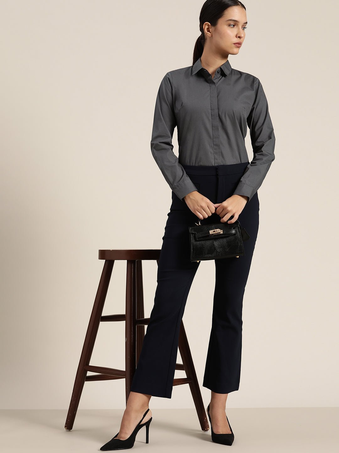 Women Dark Grey Solid Pure Cotton Regular Fit Formal Shirt - #folk republic#
