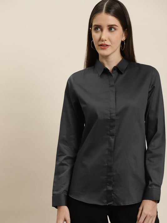 Women Dark Grey Solid Pure Cotton Satin Slim Fit Formal Shirt - #folk republic#