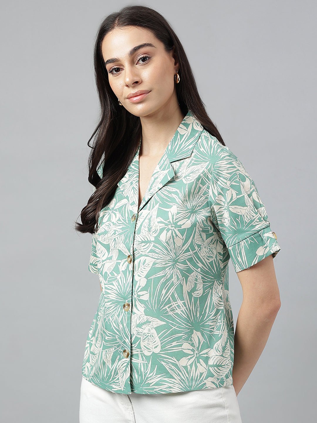 Women Green & Beige Prints Pure Cotton Regular Fit Casual Shirt - #folk republic#