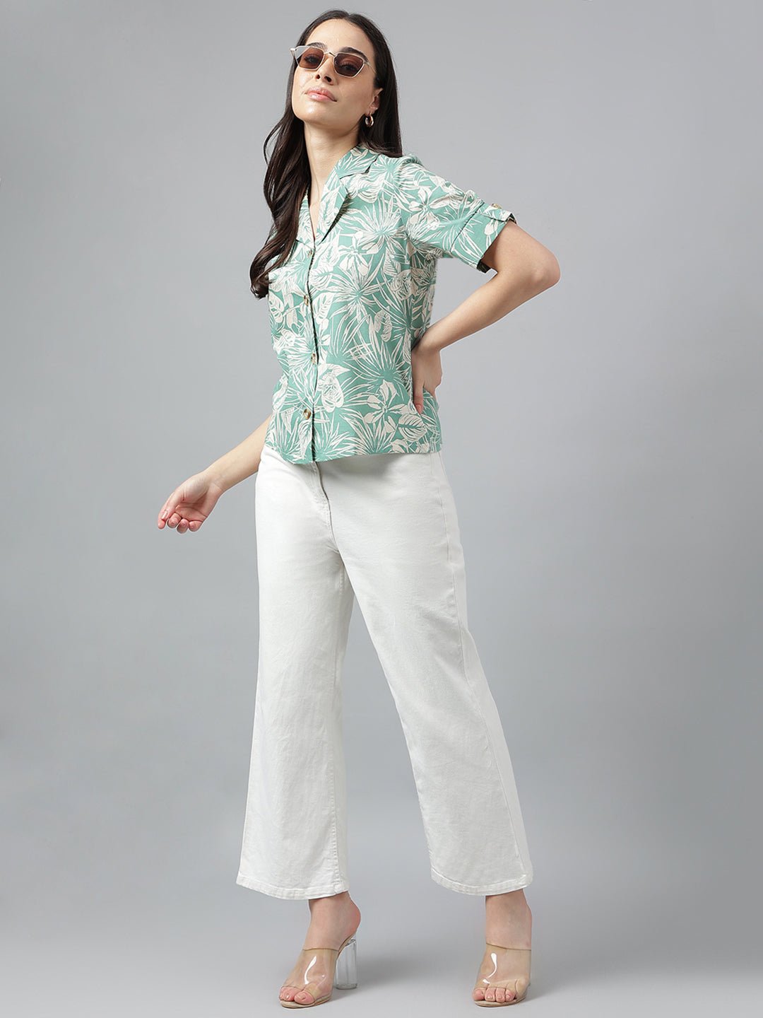 Women Green & Beige Prints Pure Cotton Regular Fit Casual Shirt - #folk republic#