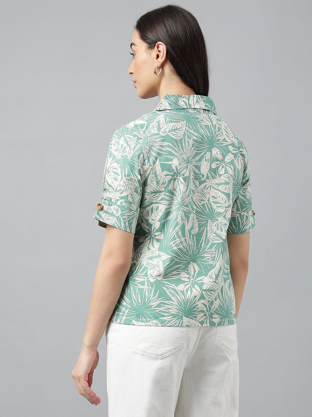 Women Green & Beige Prints Pure Cotton Regular Fit Casual Shirt - #folk republic#