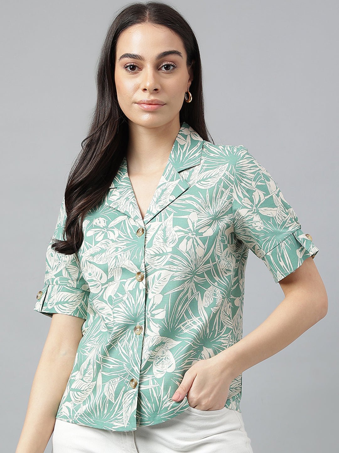 Women Green & Beige Prints Pure Cotton Regular Fit Casual Shirt - #folk republic#