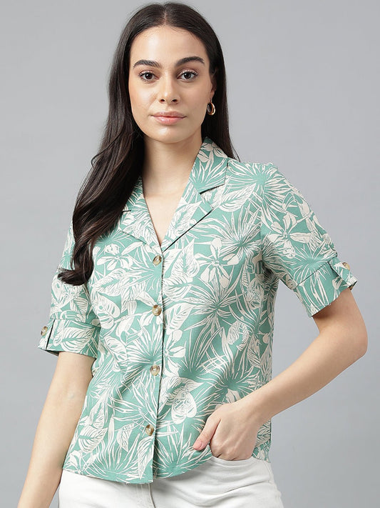 Women Green & Beige Prints Pure Cotton Regular Fit Casual Shirt - #folk republic#