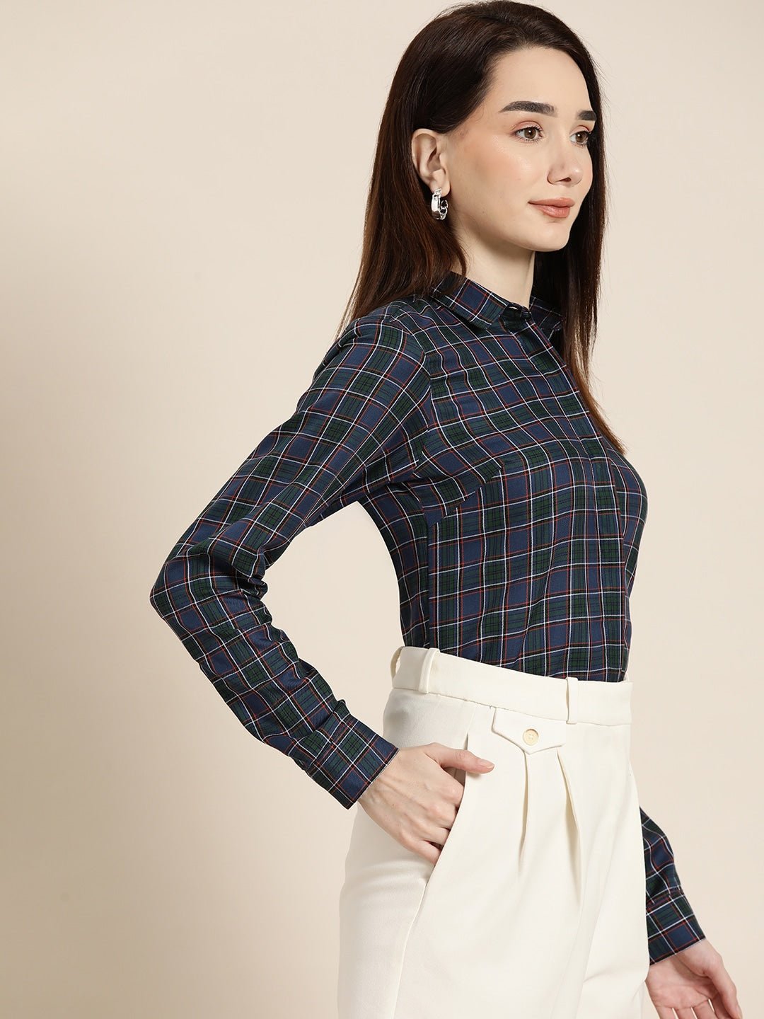 Women Green & Navy Checked Pure Cotton Slim Fit Formal Shirt - #folk republic#