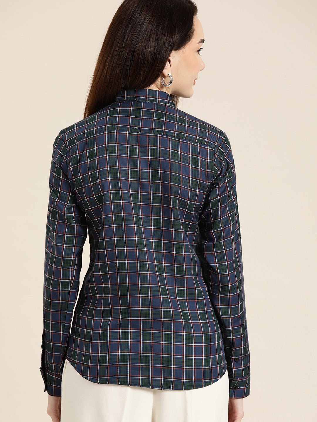 Women Green & Navy Checked Pure Cotton Slim Fit Formal Shirt - #folk republic#