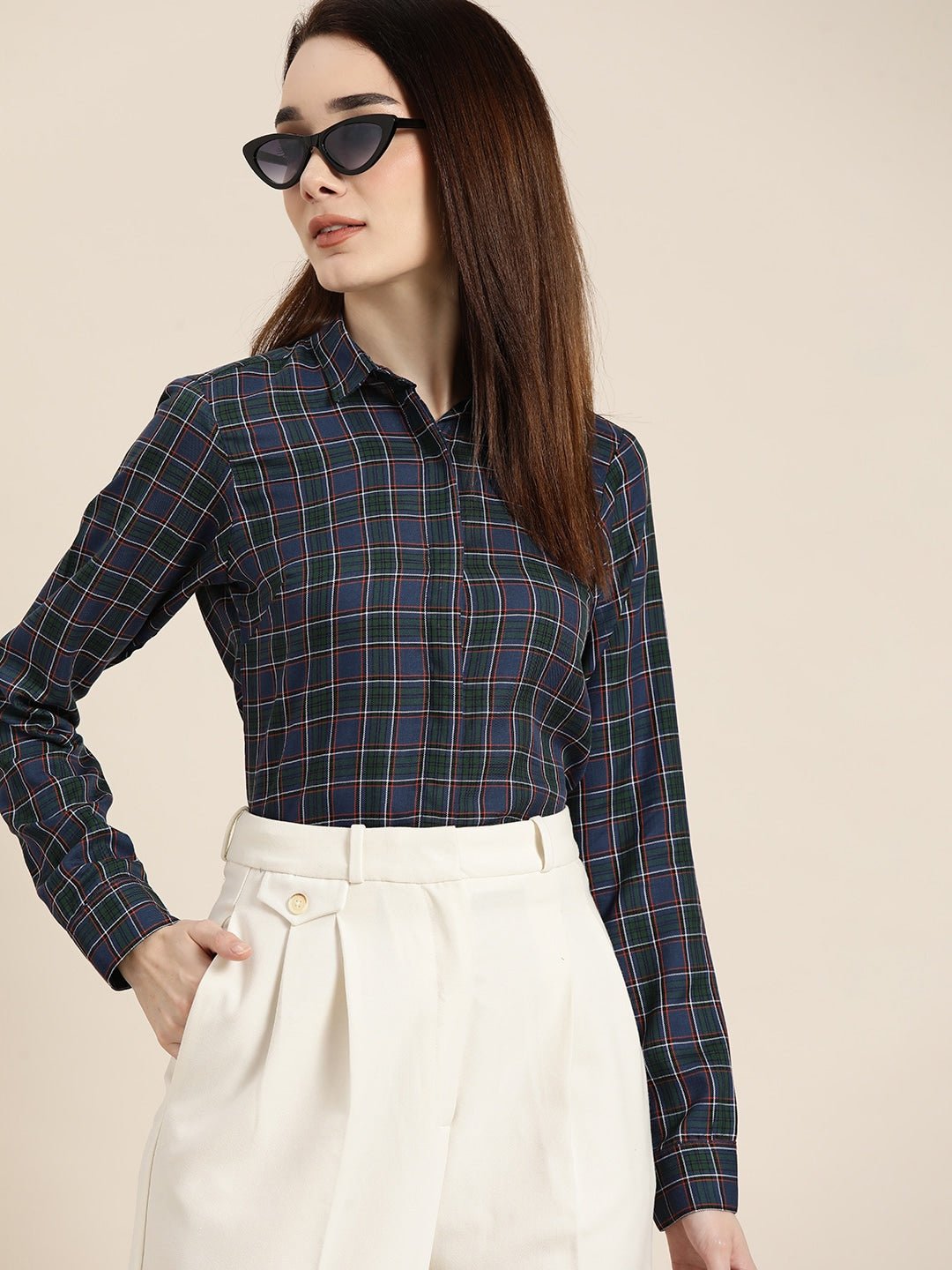 Women Green & Navy Checked Pure Cotton Slim Fit Formal Shirt - #folk republic#