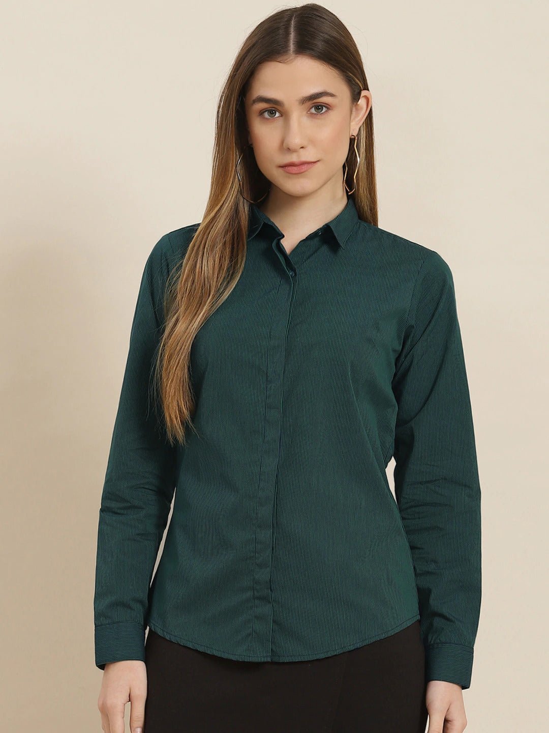 Women Green & Navy Pin Striped Cotton Slim Fit Formal Shirt - #folk republic#