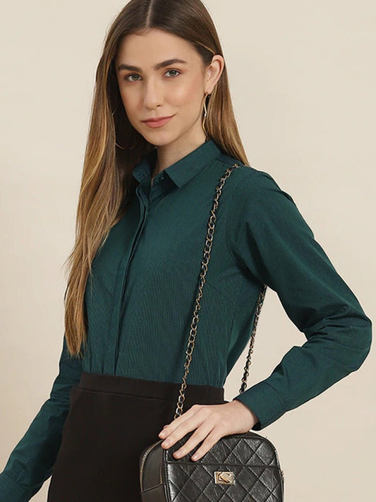 Women Green & Navy Pin Striped Cotton Slim Fit Formal Shirt - #folk republic#