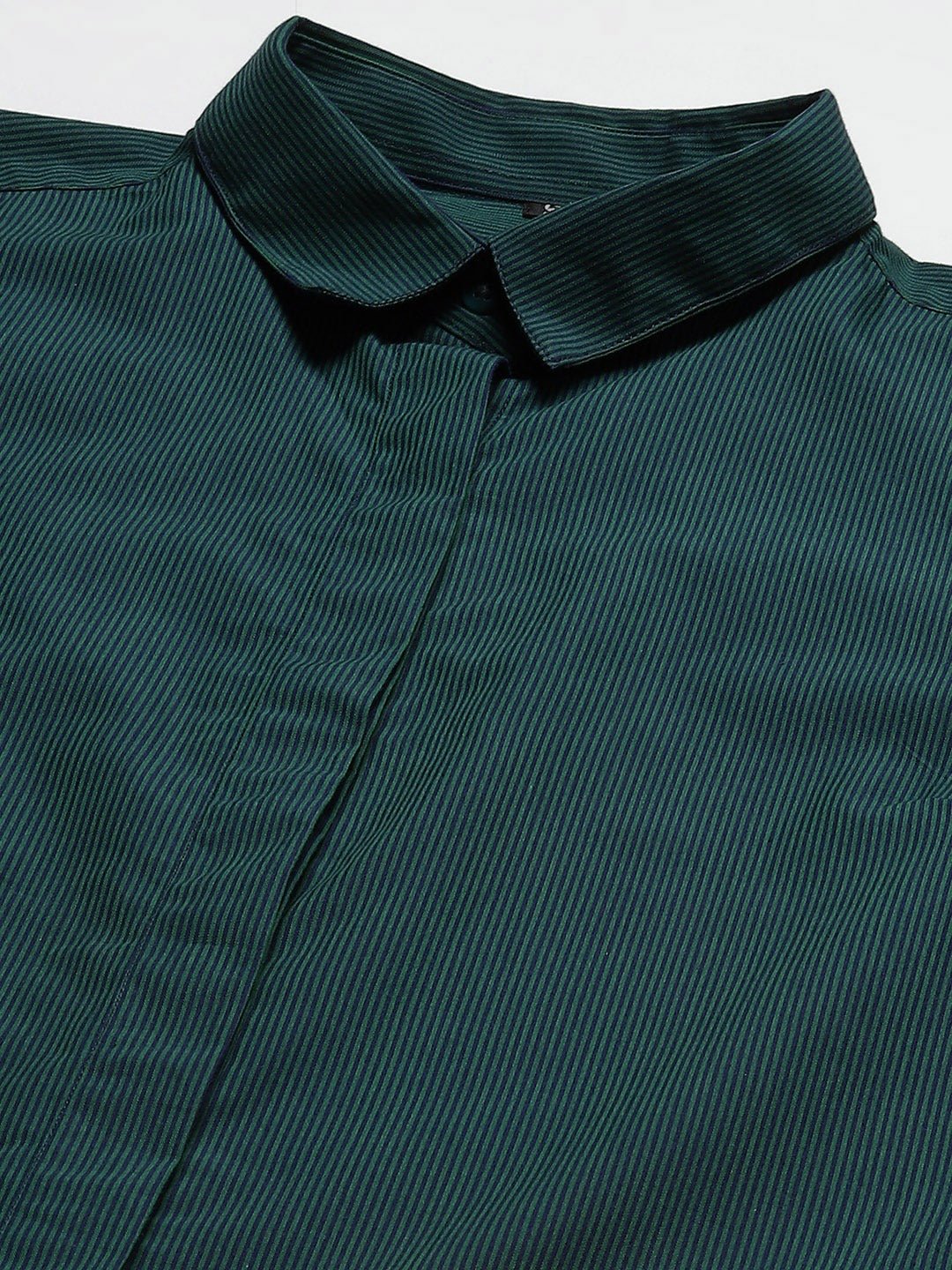 Women Green & Navy Pin Striped Cotton Slim Fit Formal Shirt - #folk republic#