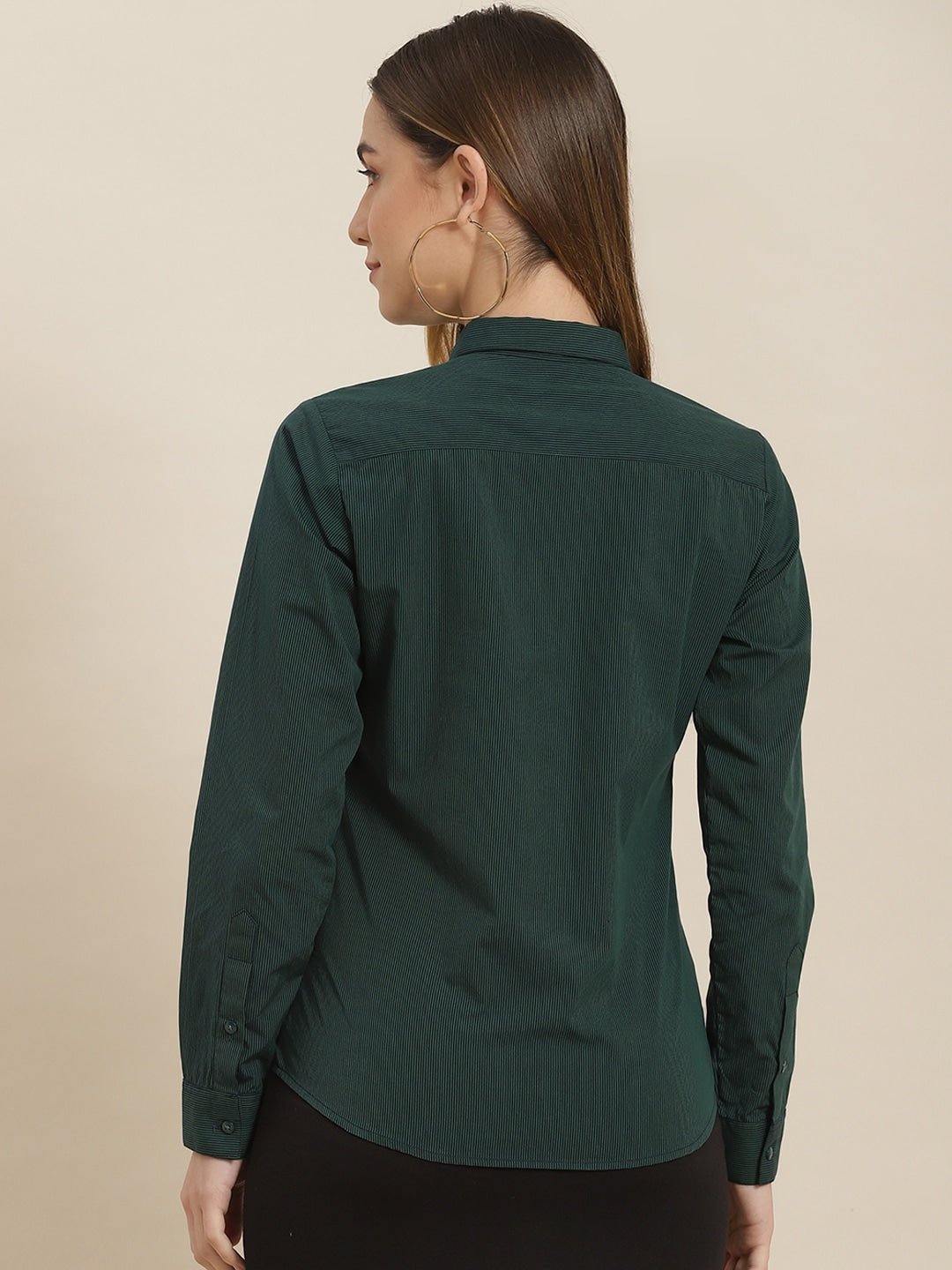 Women Green & Navy Pin Striped Cotton Slim Fit Formal Shirt - #folk republic#