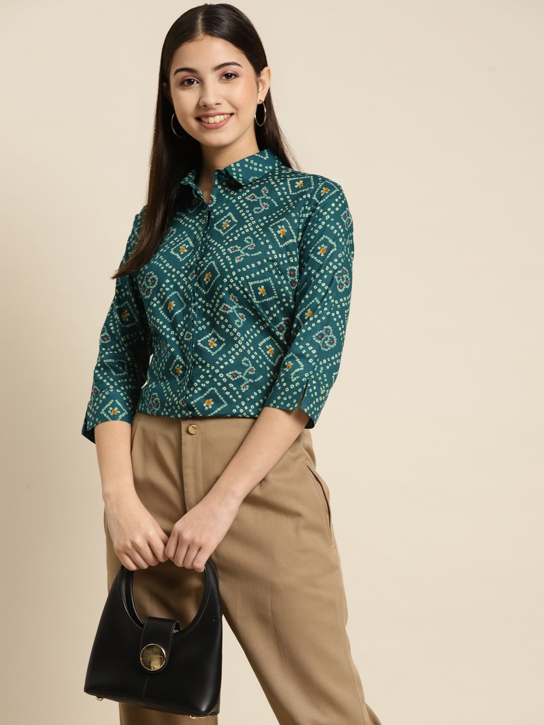 Women Green Printed Pure Cotton Regular Fit Formal Shirt - #folk republic#