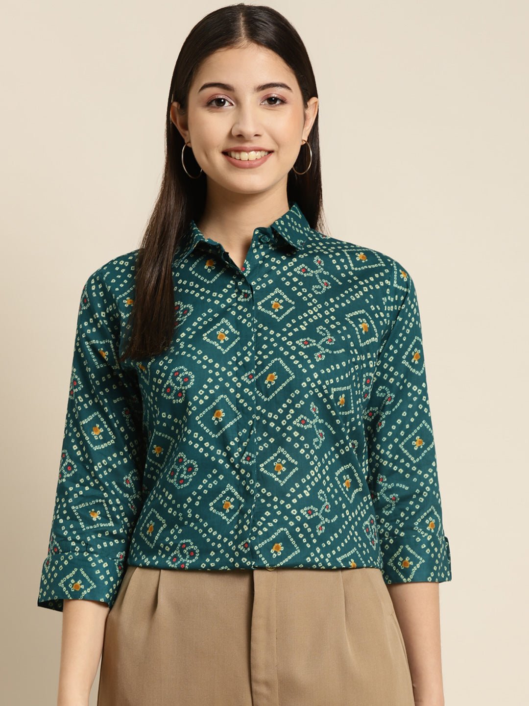 Women Green Printed Pure Cotton Regular Fit Formal Shirt - #folk republic#