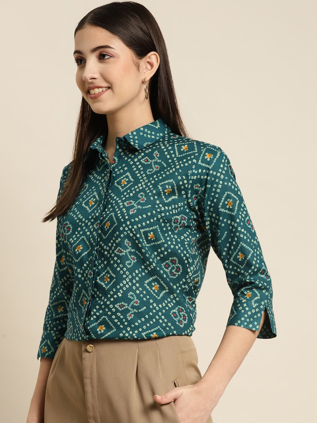 Women Green Printed Pure Cotton Regular Fit Formal Shirt - #folk republic#