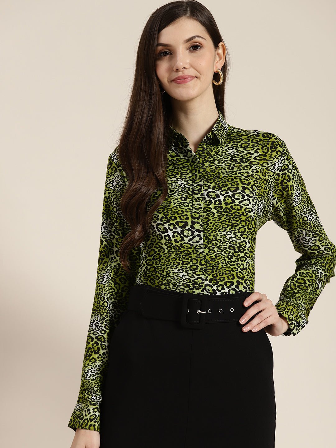 Women Green Printed Viscose Rayon Regular Fit Formal Shirt - #folk republic#