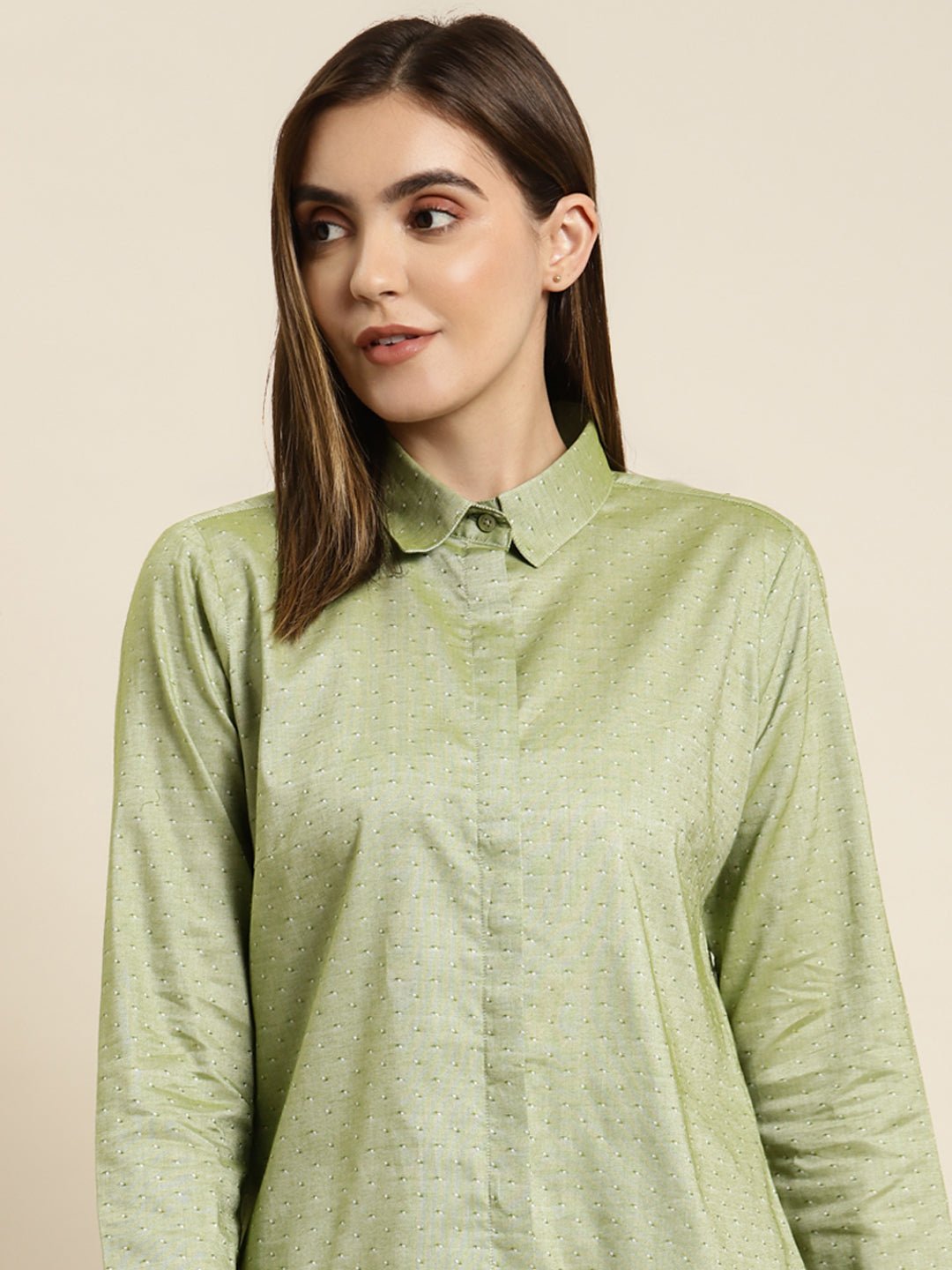Women Green Solid Pure Cotton Regular Fit Formal Shirt - #folk republic#