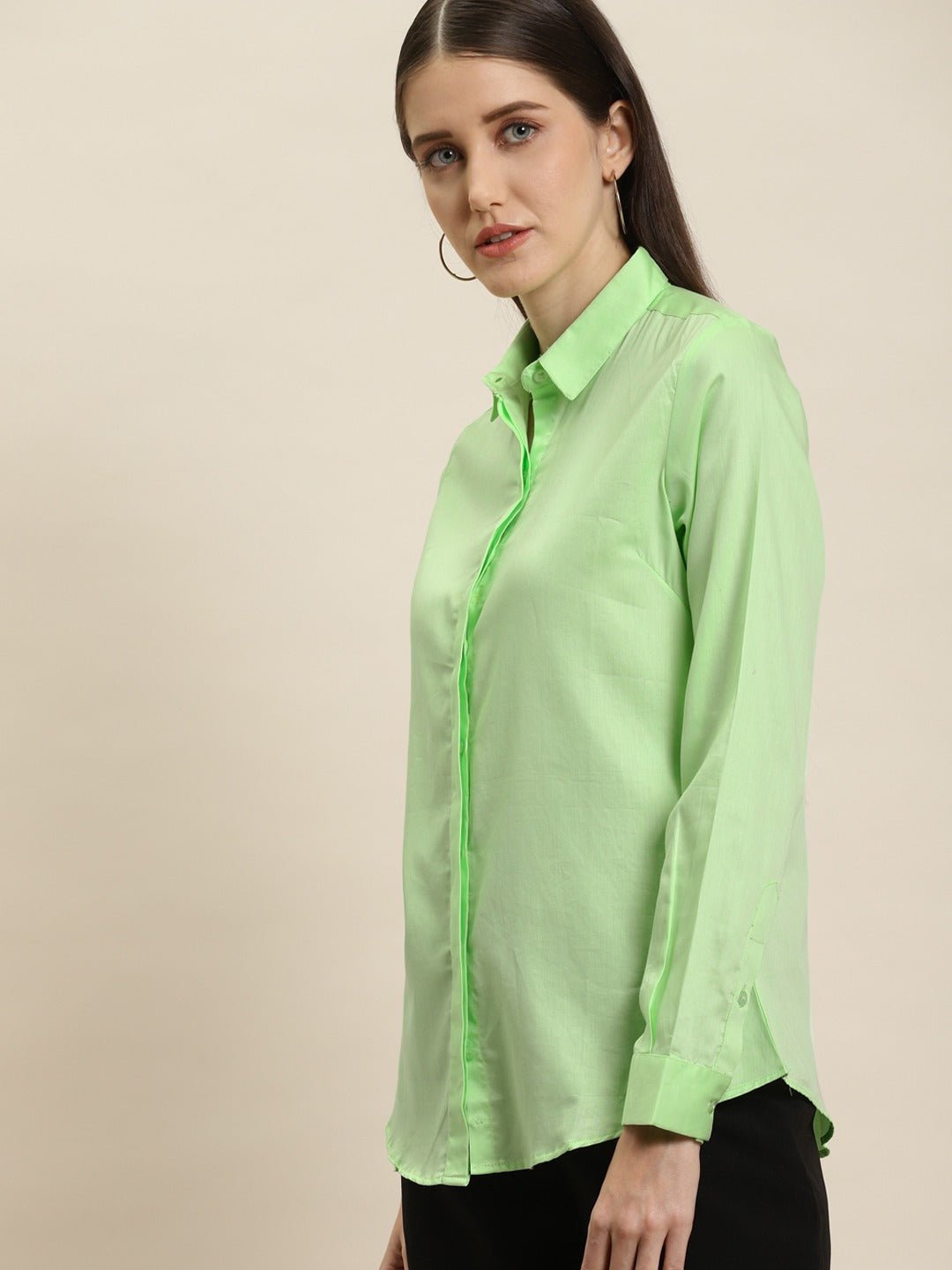 Women Green Solid Pure Cotton Satin Slim Fit Formal Shirt - #folk republic#