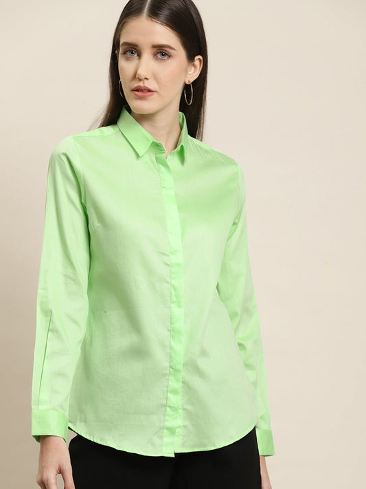 Women Green Solid Pure Cotton Satin Slim Fit Formal Shirt - #folk republic#