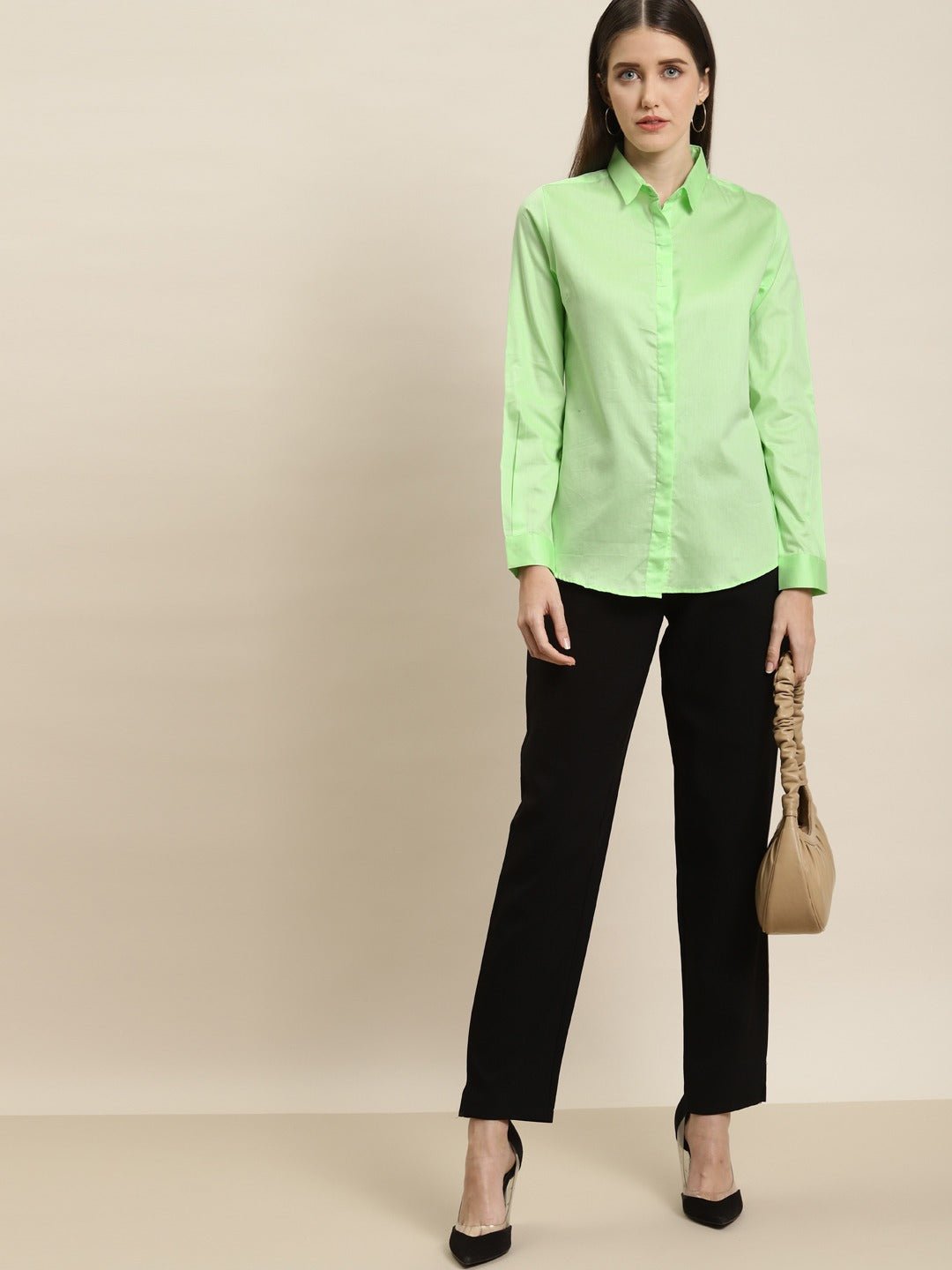 Women Green Solid Pure Cotton Satin Slim Fit Formal Shirt - #folk republic#