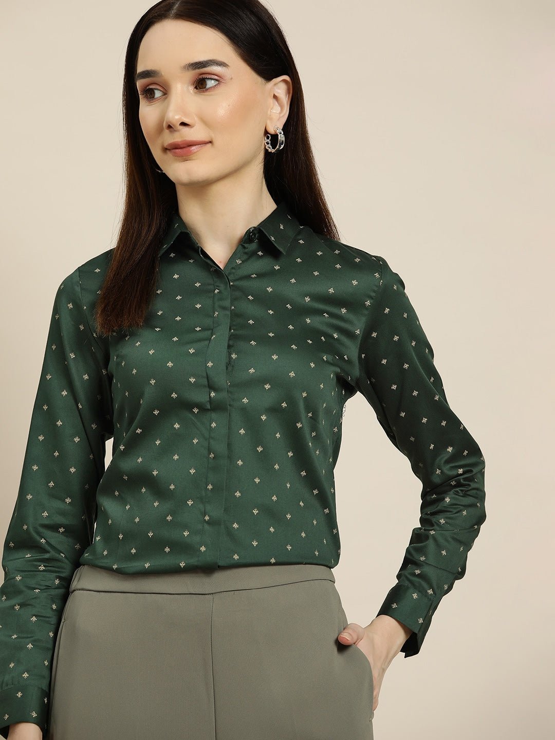 Women Green Solids Pure Cotton Slim Fit Formal Shirt - #folk republic#