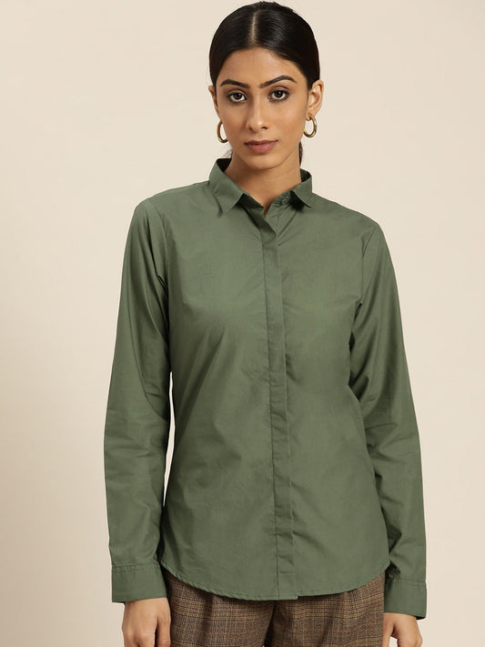 Women Green Solids Pure Cotton Slim Fit Formal Shirt - #folk republic#