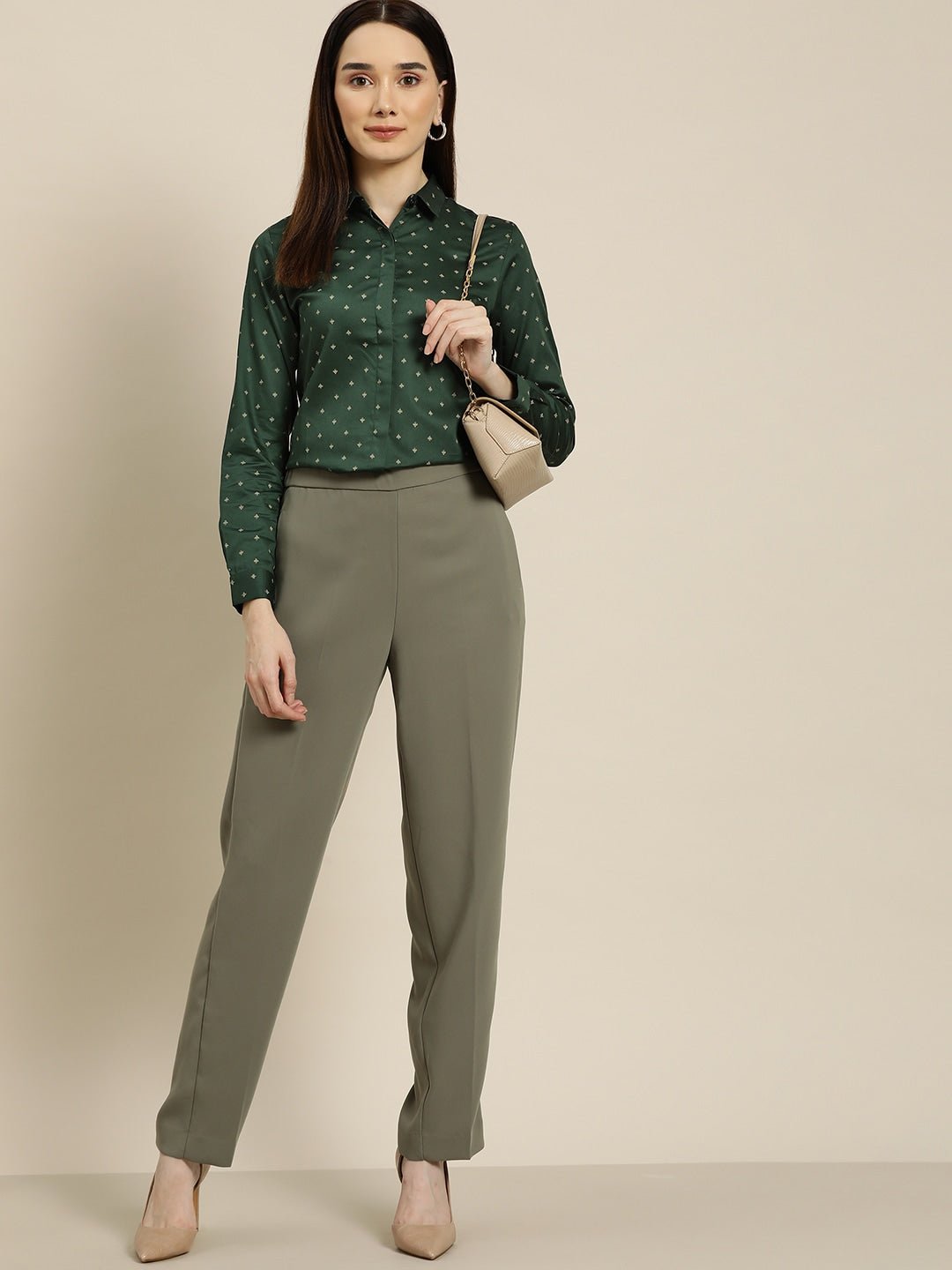 Women Green Solids Pure Cotton Slim Fit Formal Shirt - #folk republic#